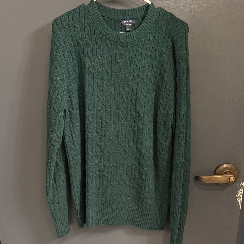 J Crew Forest Green Cable Knit Crewneck Sweater - Medium